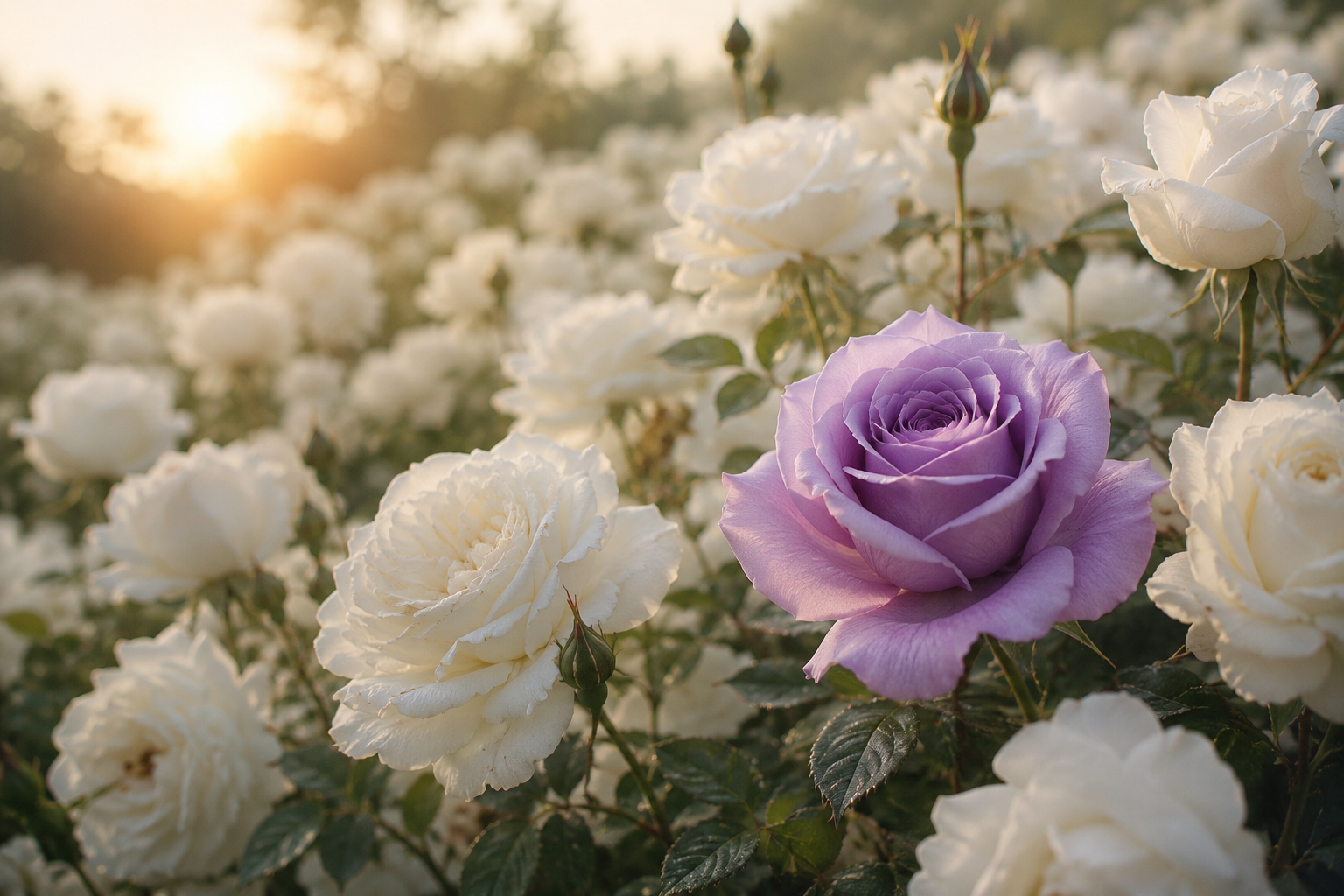 Campo de rosas brancas ao amanhecer dourado